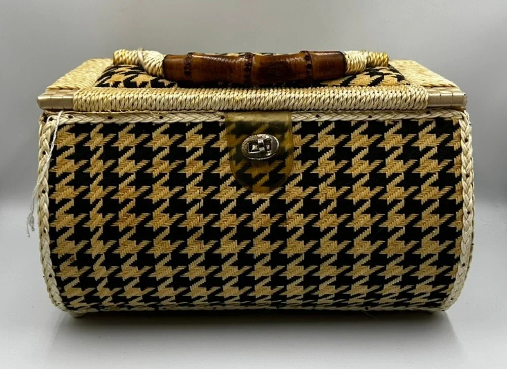 Vintage Singer Sewing Basket Houndstooth Bamboo Handle Box